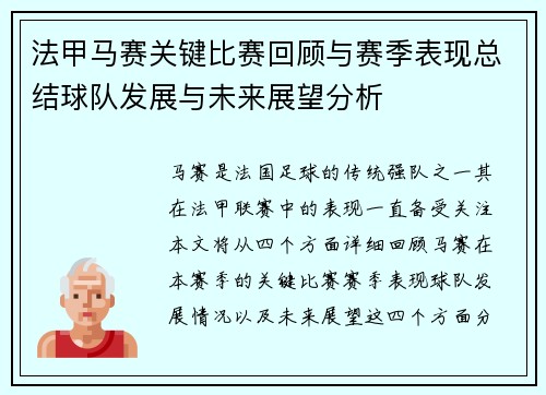 法甲马赛关键比赛回顾与赛季表现总结球队发展与未来展望分析
