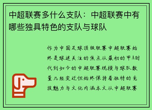 中超联赛多什么支队：中超联赛中有哪些独具特色的支队与球队
